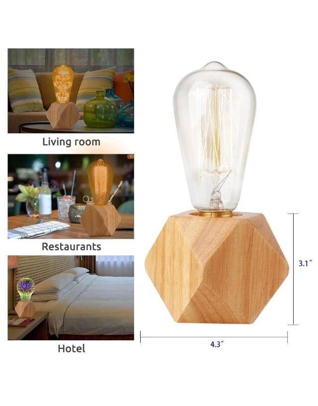 💥BRAND NEW Edison Bulb Table Lamp, Dimmable Wood Lamps Base Stand, E26 Industrial Desk Lamp Small, Nightstand Bedside Bed Night Light for Teen Living