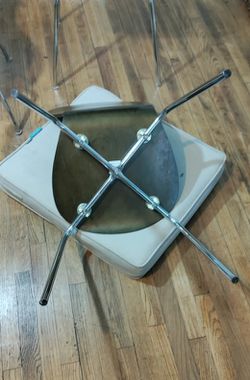 4 wooden/Metal West Elm Chairs (See Description) 
All 4 are in sturdy clean condition.
1 of the chairs has a little more wear than the others. Small s Thumbnail