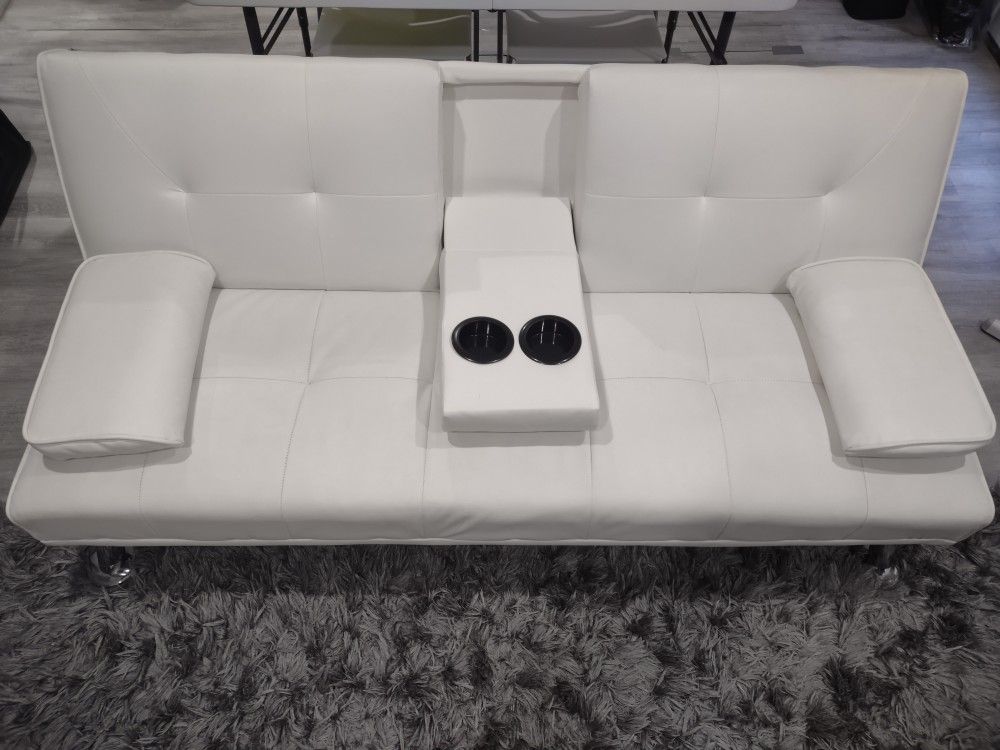 Costway Convertible Folding Futon Sofa Bed Leather w/ Cup Holders&Armrests White