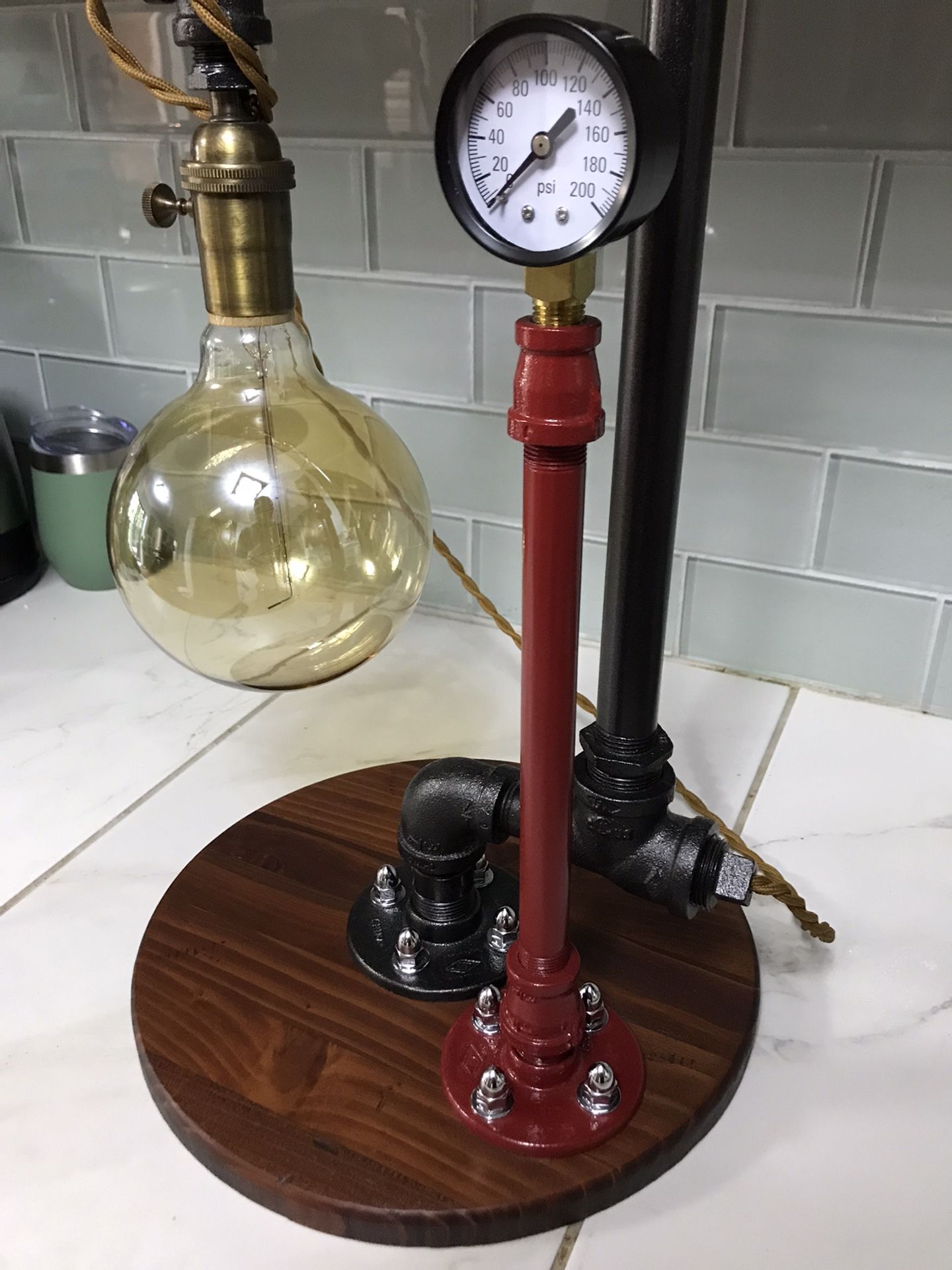 Industrial Steel Pipe&Edison Bulb Lamp, Red Cider Wood Base