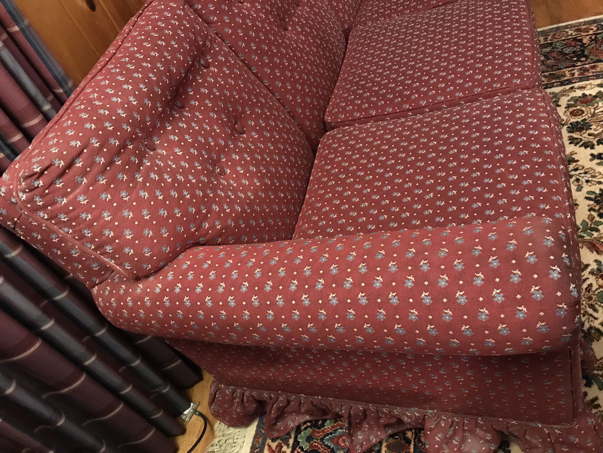 Three Cushion Sofa, Burgundy With Slate Blue & Beige Mini-Flower Design 
