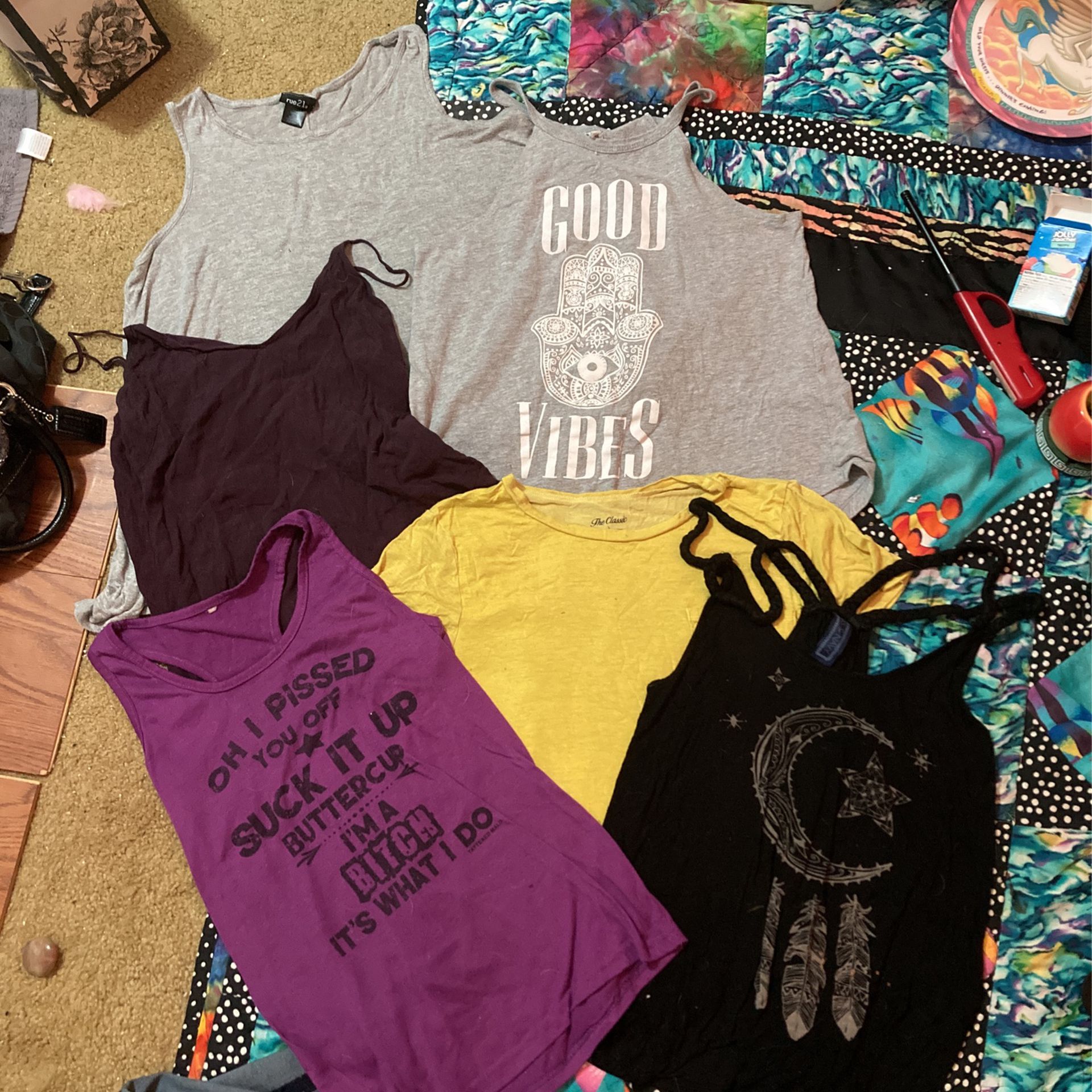 hippie Shirts: ( Iris And Navy Black M) (no tag Purple Small) ( The Classic Yellow L) (no tag Grey Medium) ( Wilfred Free Purple XXS) ( rue21 Grey M)