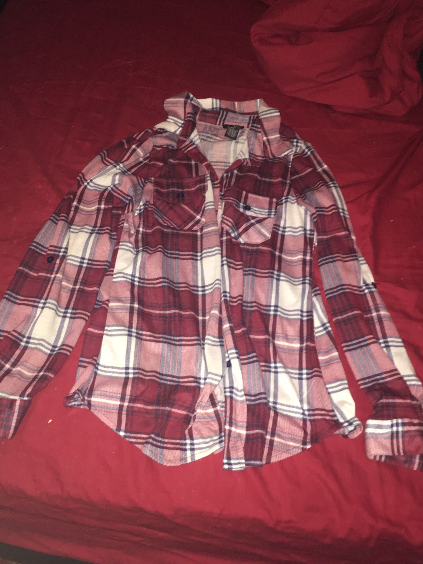Ladies red and white plaid shirt. Size medium