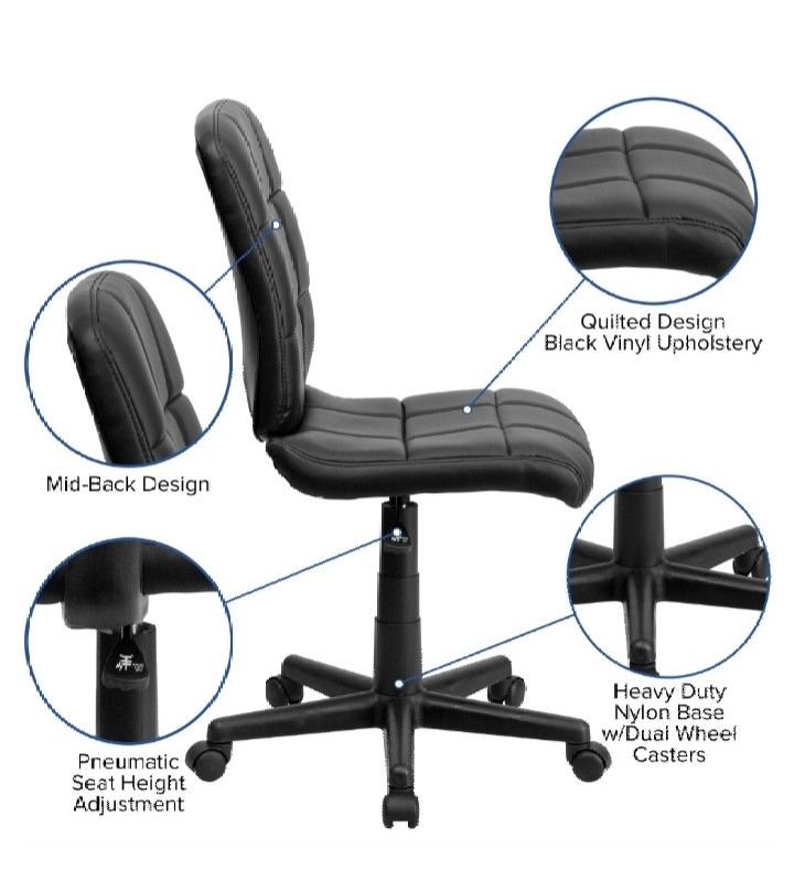 Black Quilted Armless Rolling Office Chair