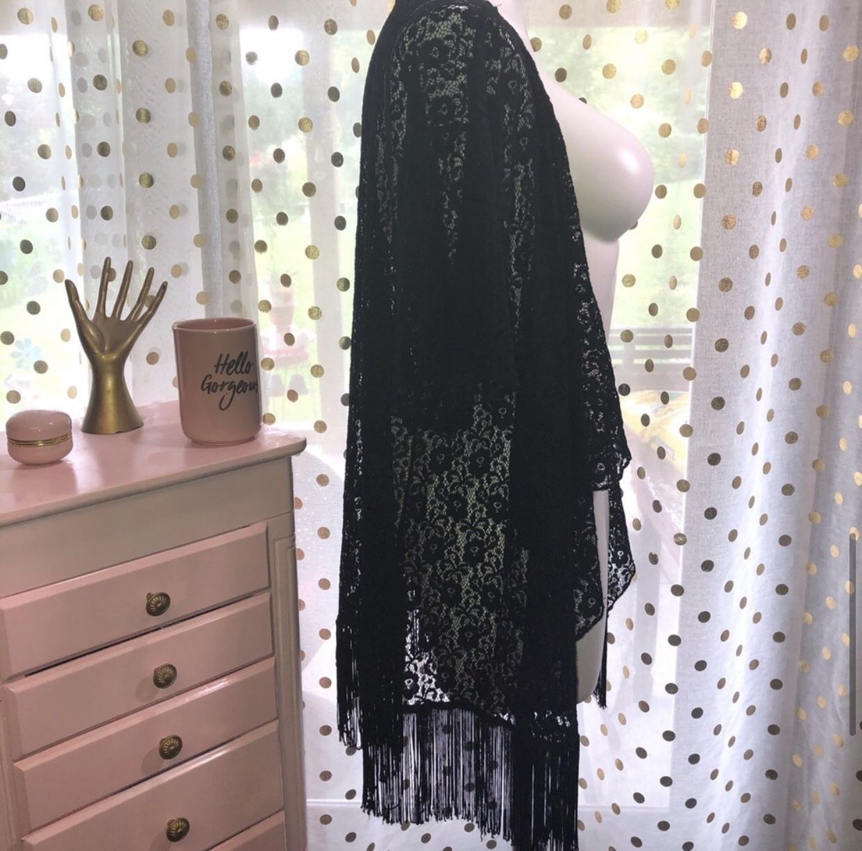 LuLaRoe Size Large Black Fringe Open Front Sweater Cardigan