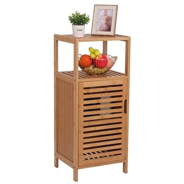 100% Bamboo Bathroom Floor Cabinet, Double Deck Shelf With Single Door And Cell For Stand-Alone Kitchen Cabinet, Living