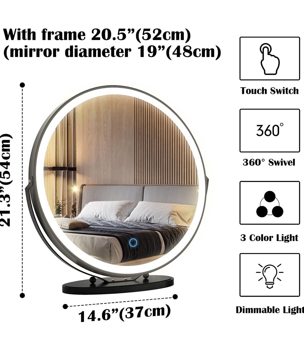 New 20" Vanity Makeup Mirror with Lights, 3 Color Lighting Dimmable LED Mirror