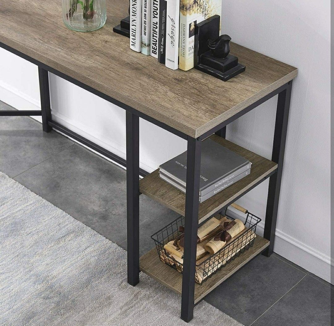 Home/ Office L-Shaped Computer Desk, Industrial Wood & Metal Sturdy Corner Desk w/ Shelves