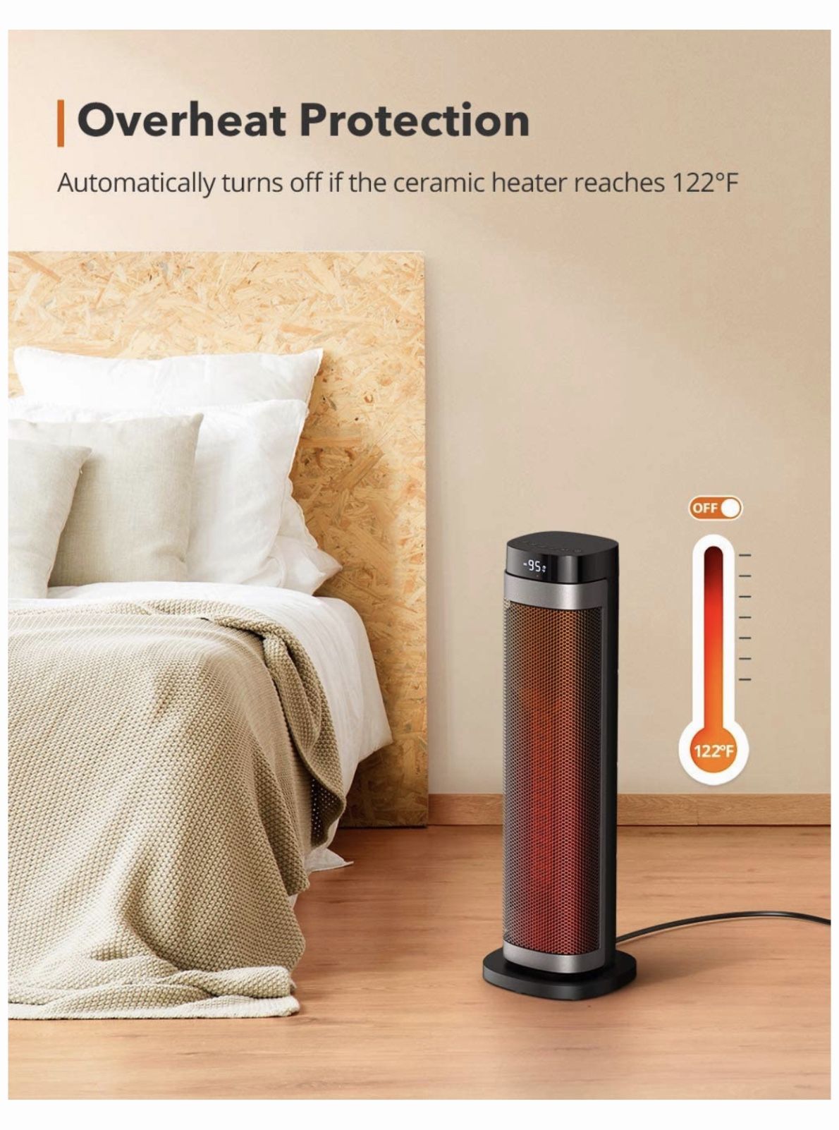 1500W Fast Heating Ceramic Tower Fan Heater, 24” High Oscillating Portable & Quiet with Remote ECO Mode 12H Timer Tip-Over Switch Overheating Protect