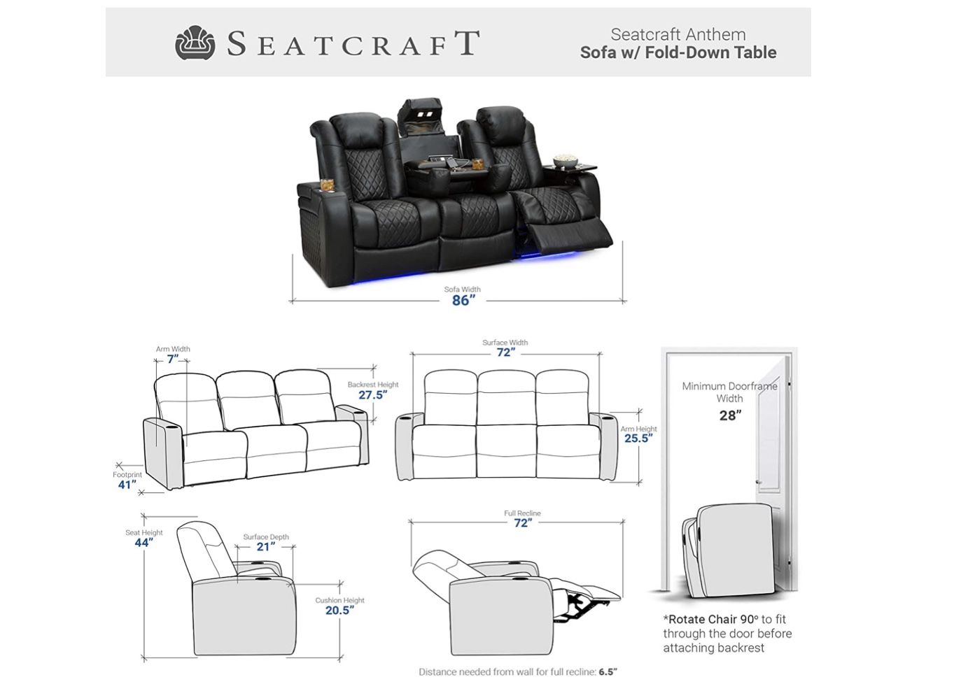 Black Leather Luxury Comfort Electric Couch & Recliner Set - Light Up Blue LEDs, Hidden Compartments, & More!