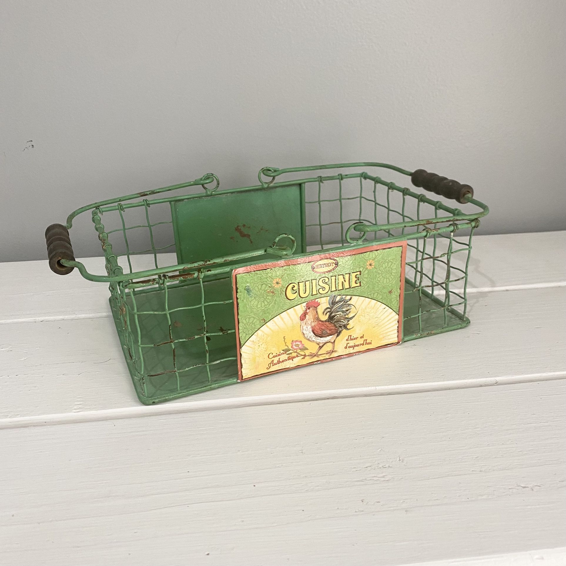 Vintage Green Basket Decor Cuisine Kitchen Shelf Sitter Cute Storage Rustic 