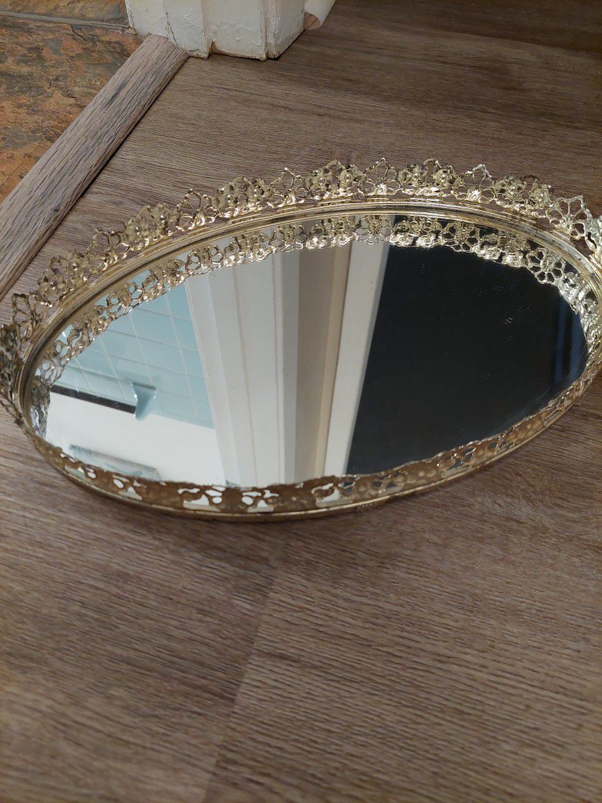 Vintage Gold Mirrored Trinket Tray 13in Long 8.5in Wide