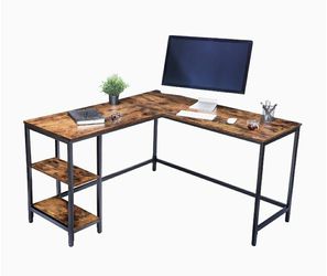 Rustic Brown, L-Shaped Satble & Space Saving, Computer Desk, Industrial Corner Writing Desk w/ Shelves Thumbnail