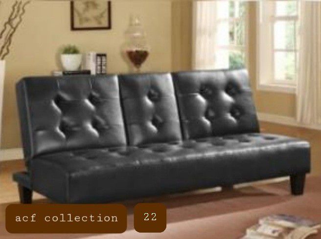 22) Black Faux Leather Futon Sofa Bed﻿ Sofa Size:71" x 35" x 36" H﻿ Color: Black﻿ $279