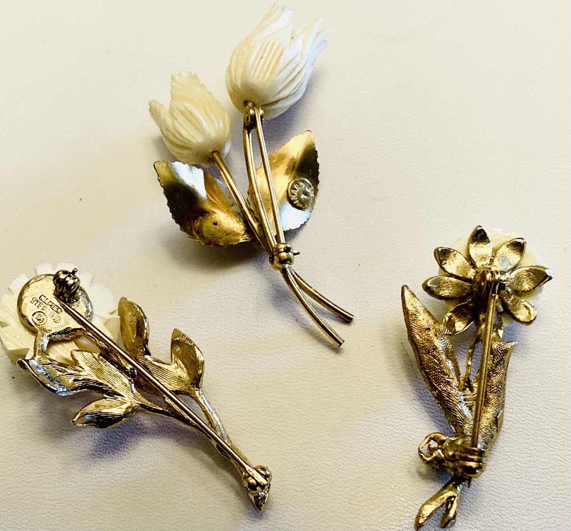 3 Brooches/Pins-Carved Roses-Sterling/Napier Sterling/Winard GF