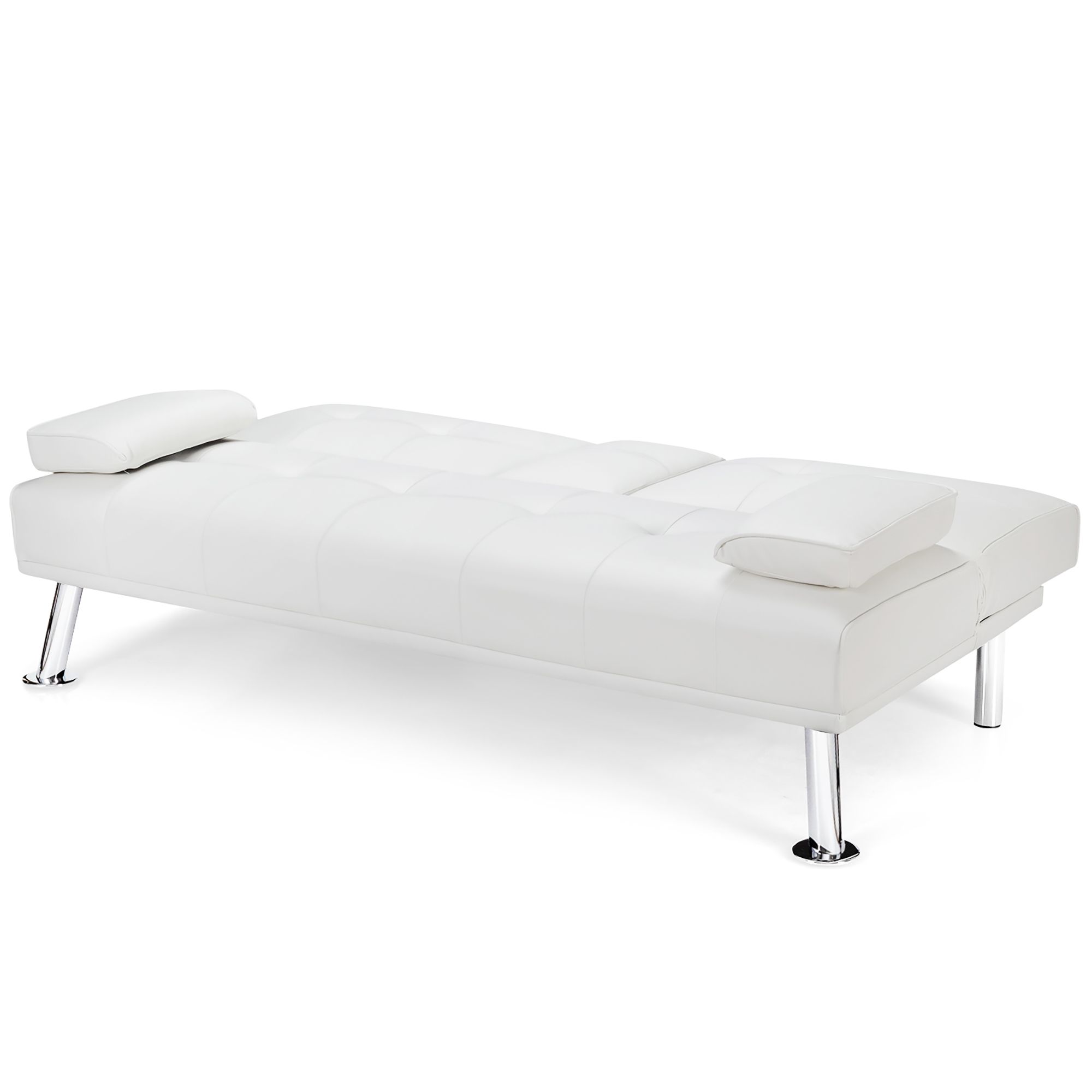 Costway Convertible Folding Futon Sofa Bed Leather w/Cup Holders&Armrests White