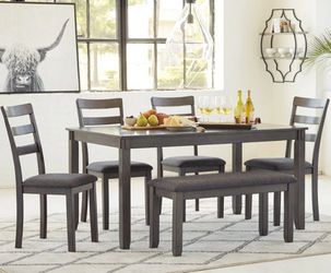 SPECIAL] Bridson Gray Dining Table and Chairs with Bench (Set of 6) Thumbnail