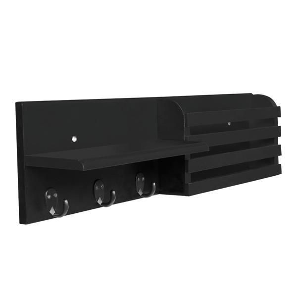 Wall Shelf and Mail Holder with 3 Hooks, 24-Inch by 6-Inch, Black