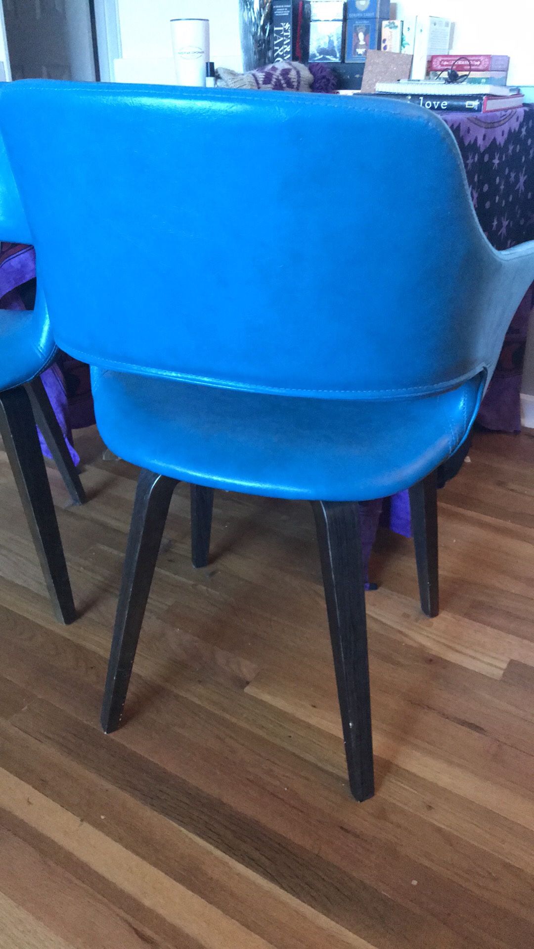 Two lounge chairs light sky blue faux leather wooden legs - two chair set