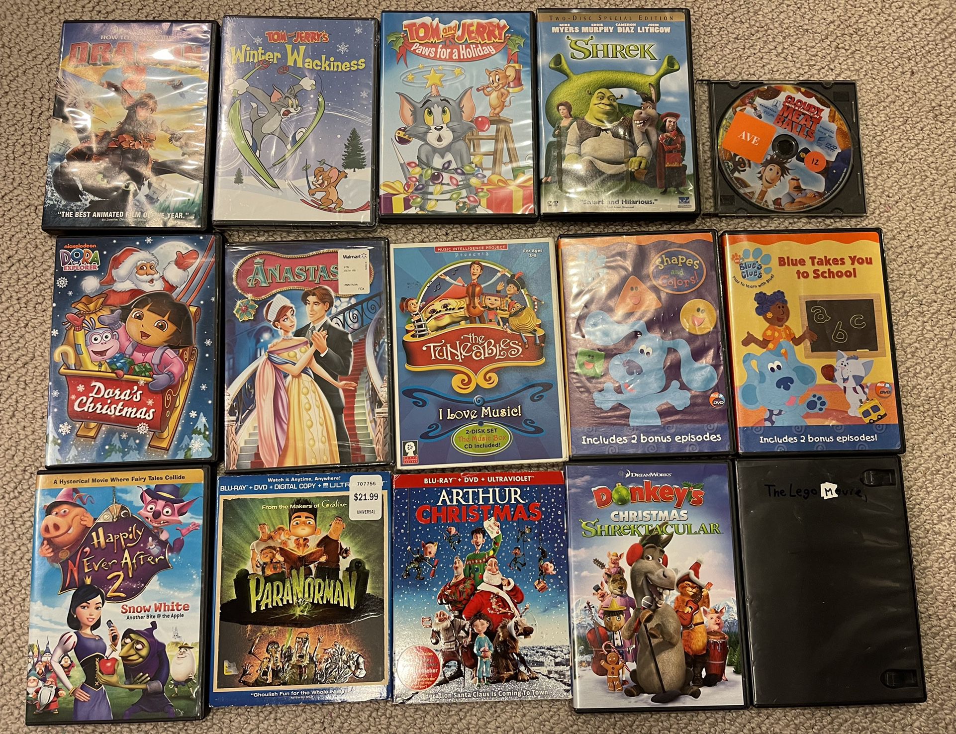 15 DVDs blue Ray Tom And jerry paranormal Shrek dragon 2 Arthur’s Christmas Movie For Kids Classics Cartoons 
