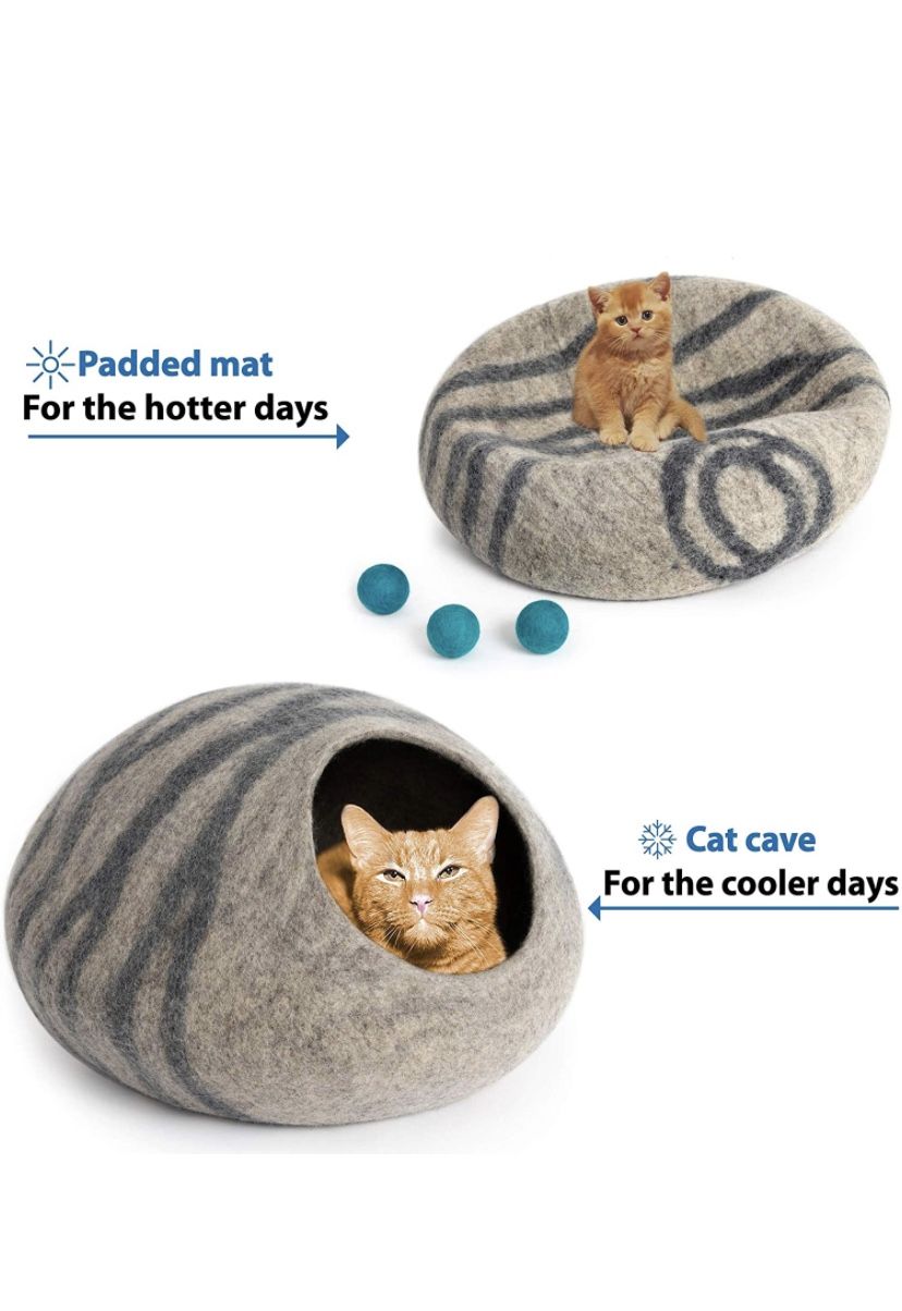 Premium Felt Cat Bed Cave (Medium) - Handmade 100% Merino Wool Bed for Cats and Kittens