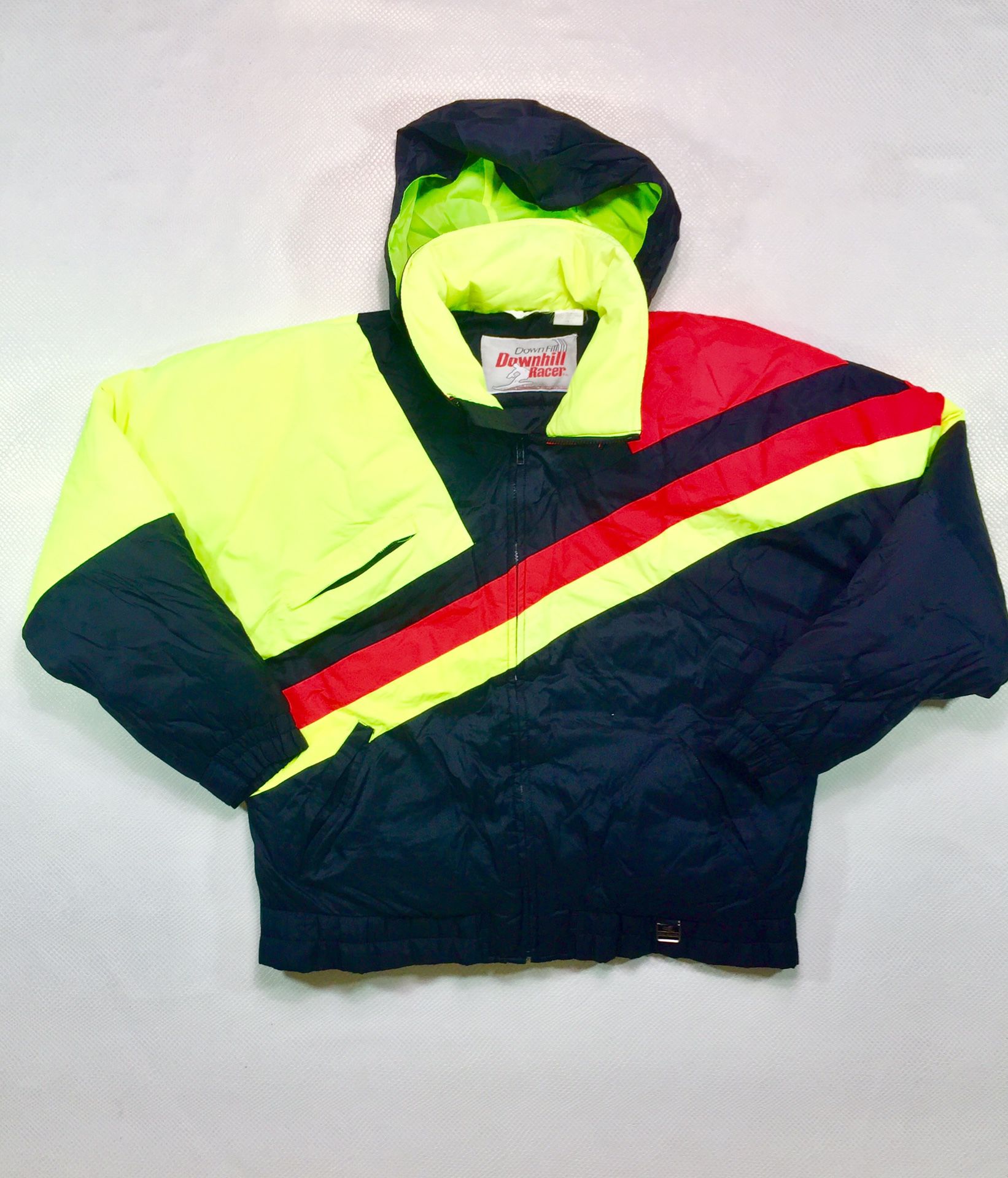 80s Vintage Downhill Racer Down Filled Ski Jacket Neon Color Block Large