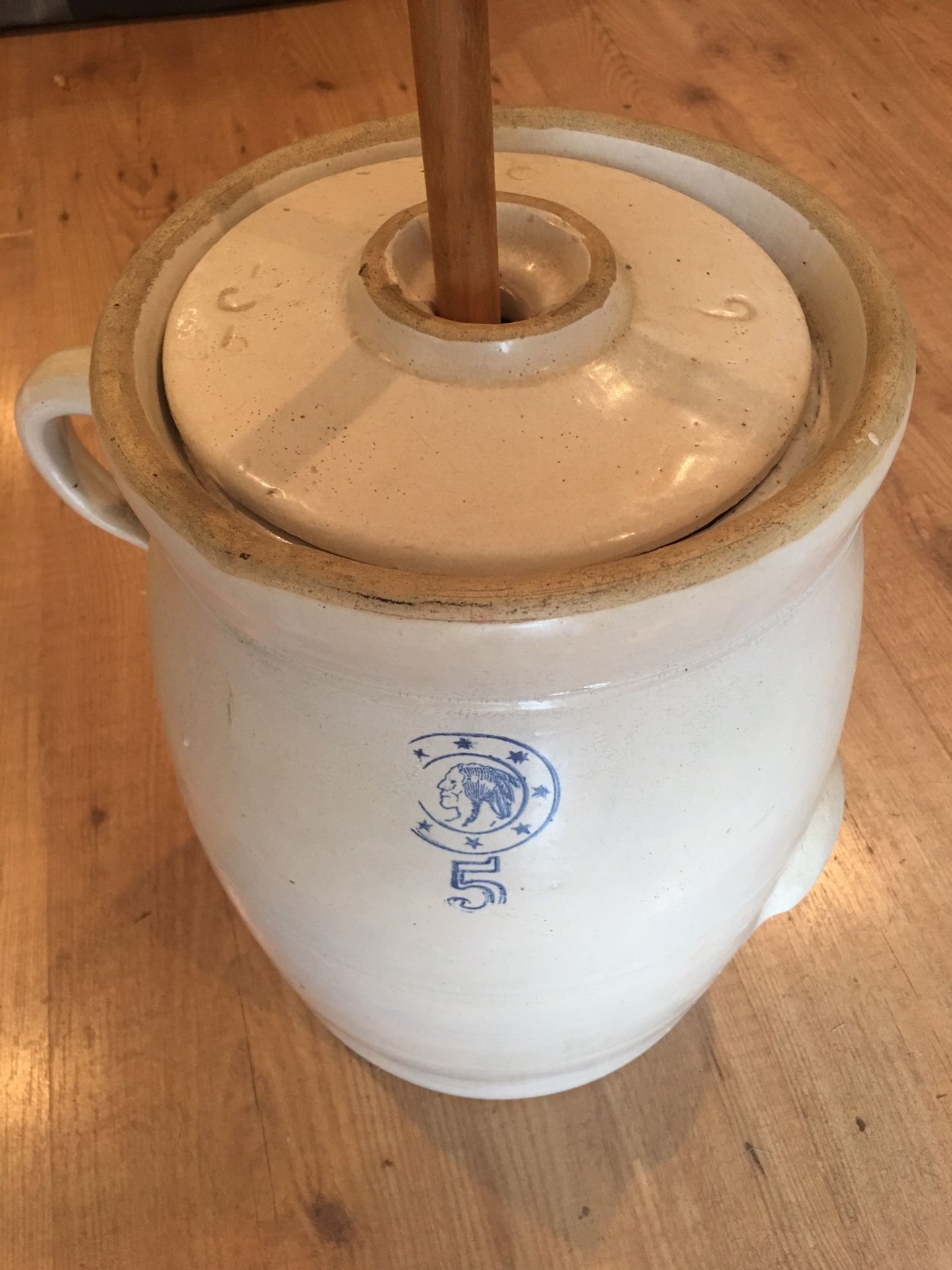 Antique Louisville Pottery Stoneware Indian Head Butter Churn Crock 5