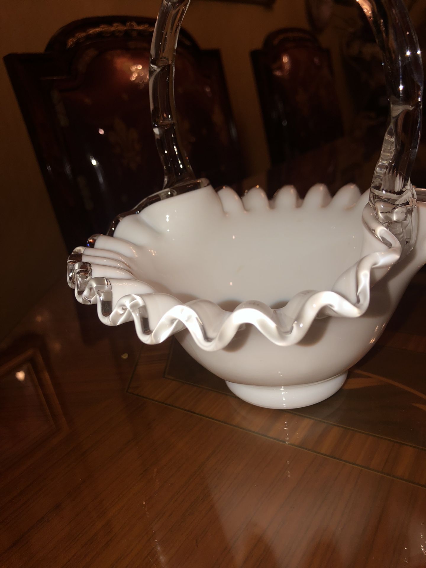 Vintage white milk glass 7 X 7 across basket with clear handle/trim ruffles