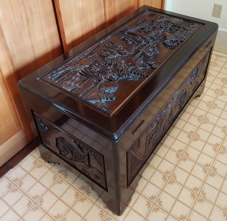 Vintage Chinese Carved Camphor Wood Trunk
