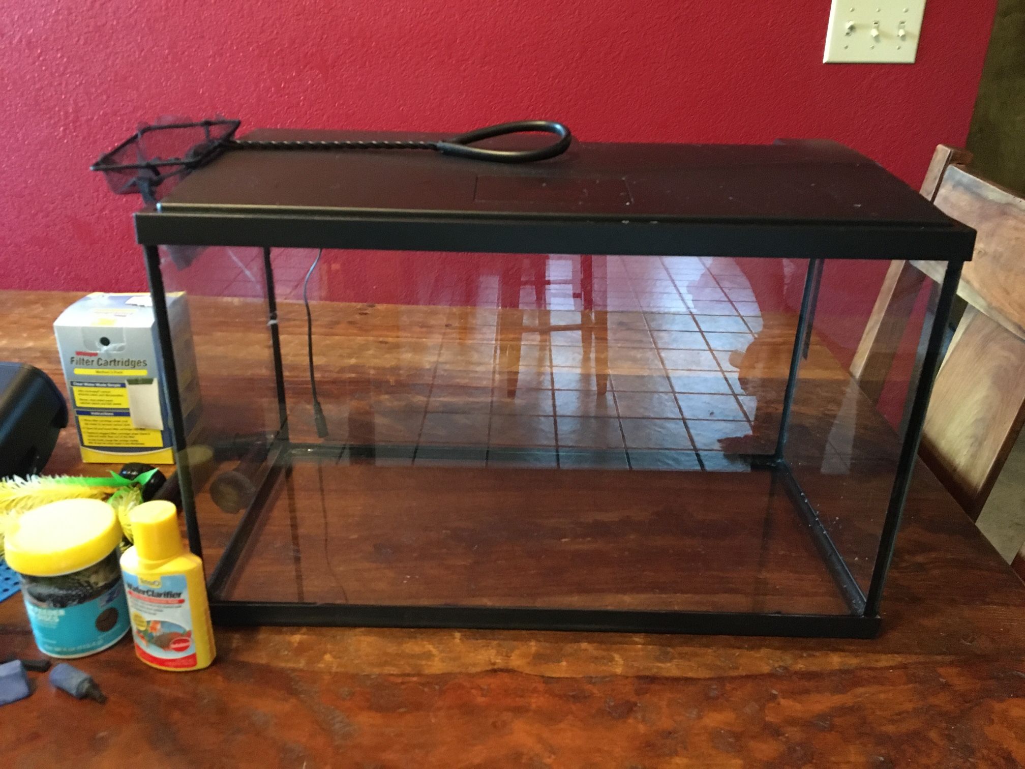 CLEAN Aquarium W Heater Filter Pump Fake Plants Food Stones