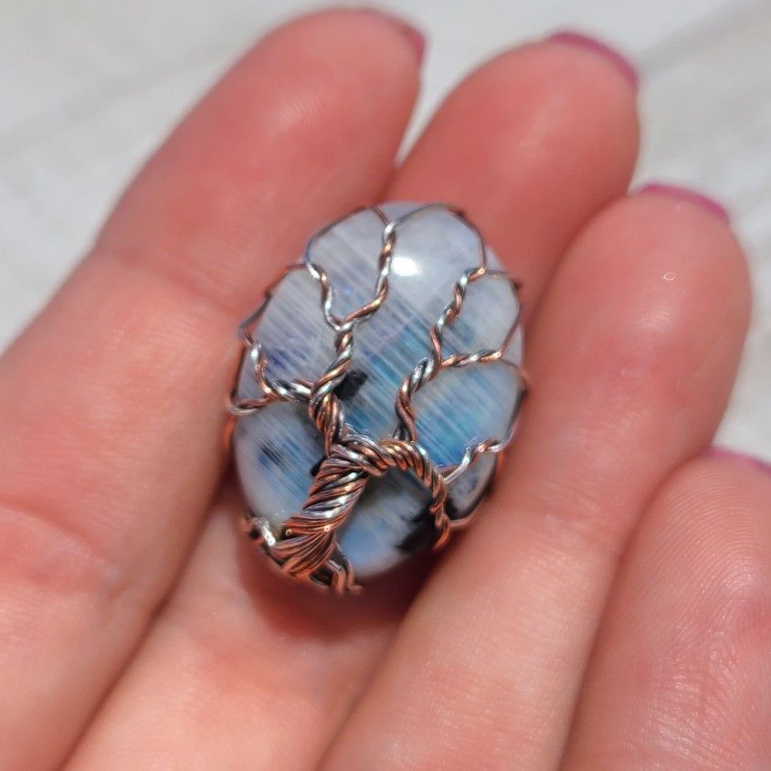 Wire Wrapped Rainbow Moonstone Tree of Life 925 Ring