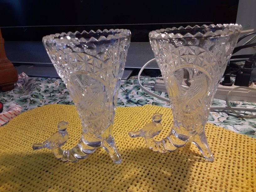 TWO GORGEOUS LOOKING BIRD VASES CRYSTAL GLASS