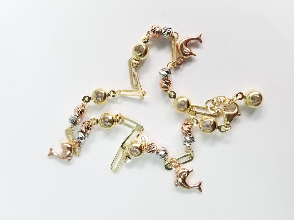 10k Yellow White Rose Ball Diamond Cut Gold Dolpine Anklet Paper Clip Oro Rose Blanco Amarillo Tobillera 10 Inches Pulgadas