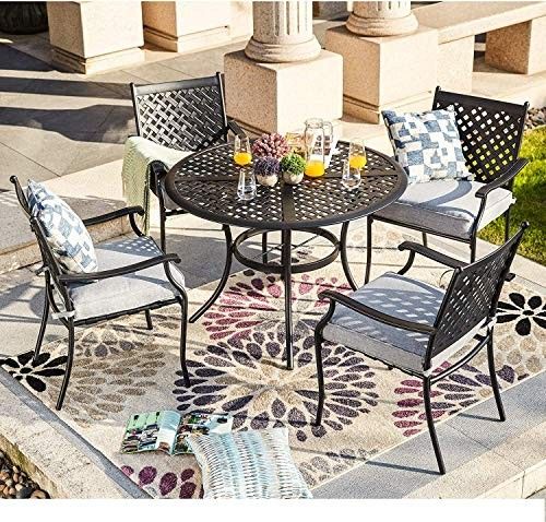 LOKATSE HOME 5-Piece Outdoor Patio Metal Dining Set with Iron Armrest Cushioned Chairs and Steel Round Table with Umbrella Hole, Grey