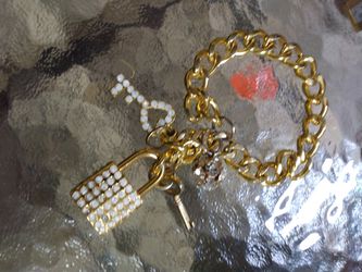 Gold Chain Bracelet With Lock, Keys And Diamond Ball Thumbnail