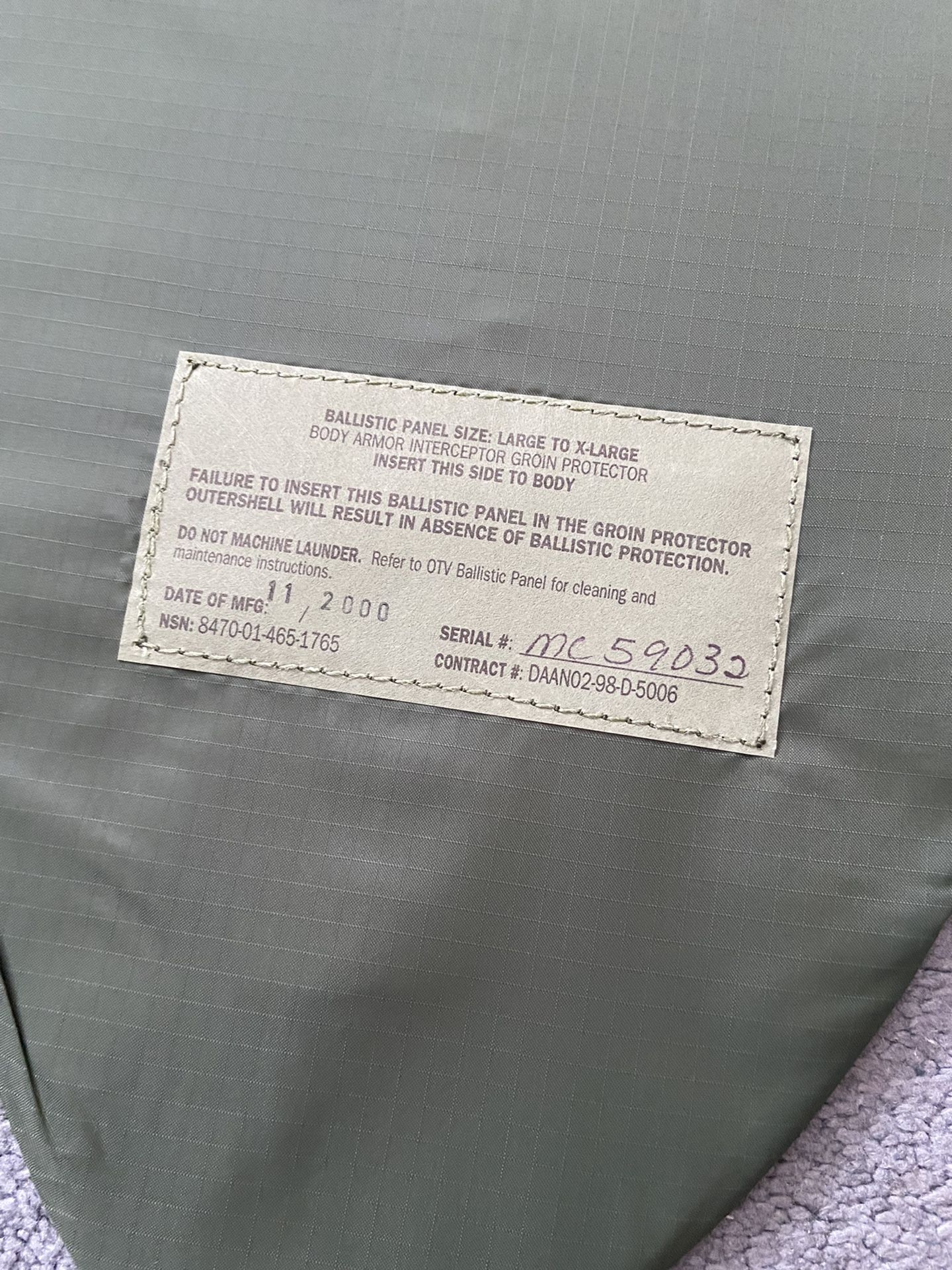 (1) US ARMY IBA BDU LARGE-XLARGE GROIN PAD W/PLATE