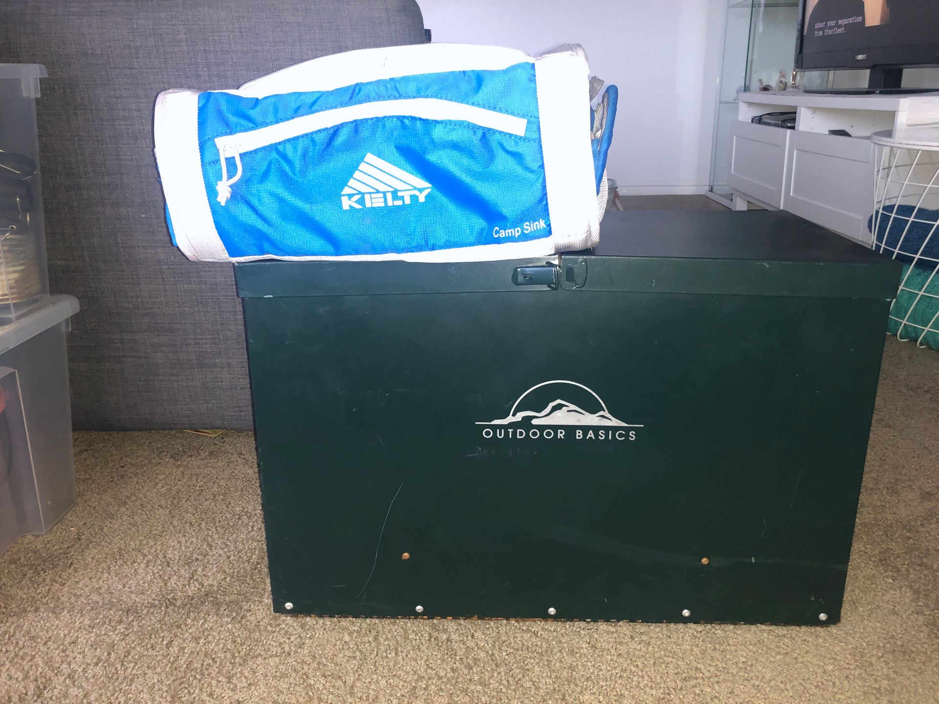 Outdoor Basics Chuck Box, Kelty Camp Sink, REI Cups/Plates/Bowls, Full