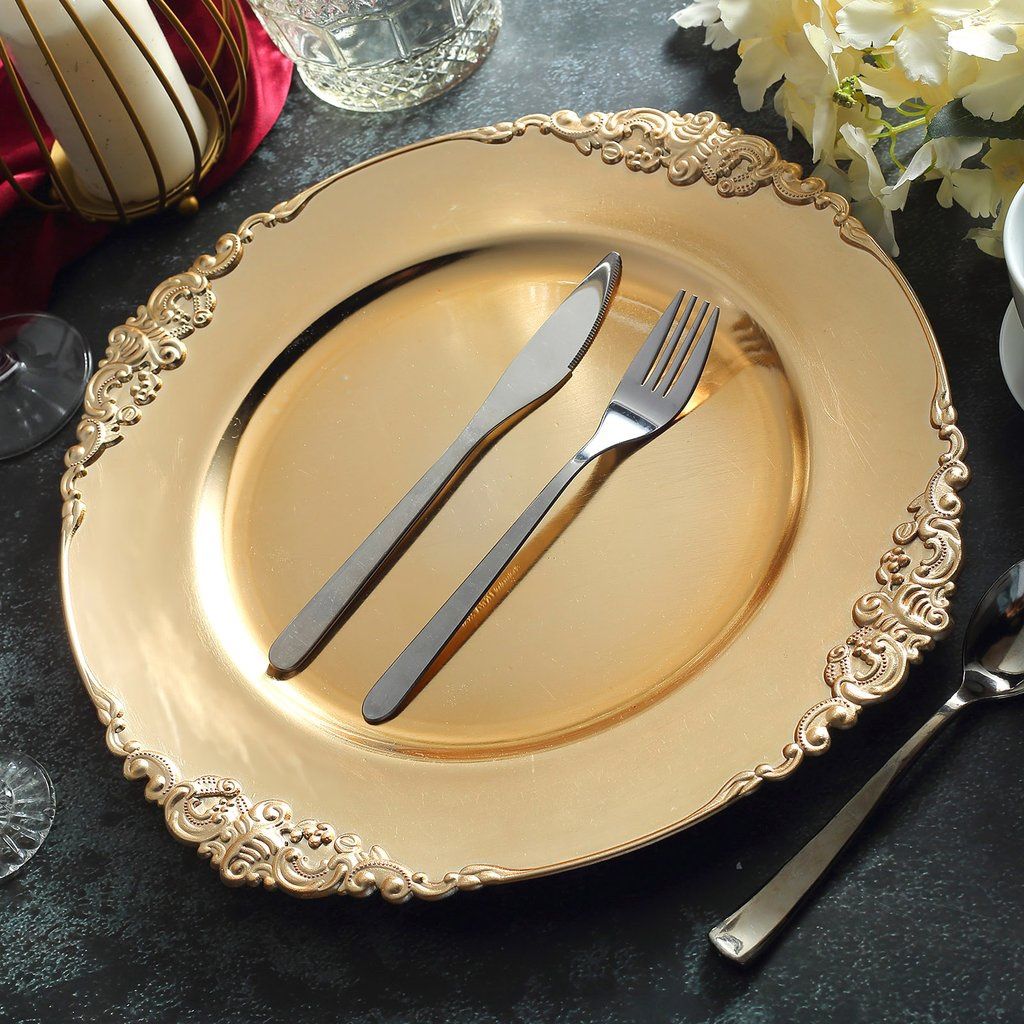 7575Gold Vintage 13’ Baroque Chargers Leaf Embossed Rim
