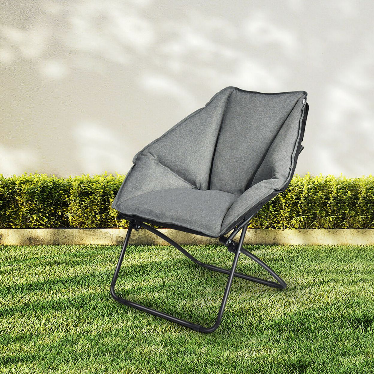 Costway Folding Saucer Padded Chair Soft Wide Seat w/ Metal Frame Lounge Furniture