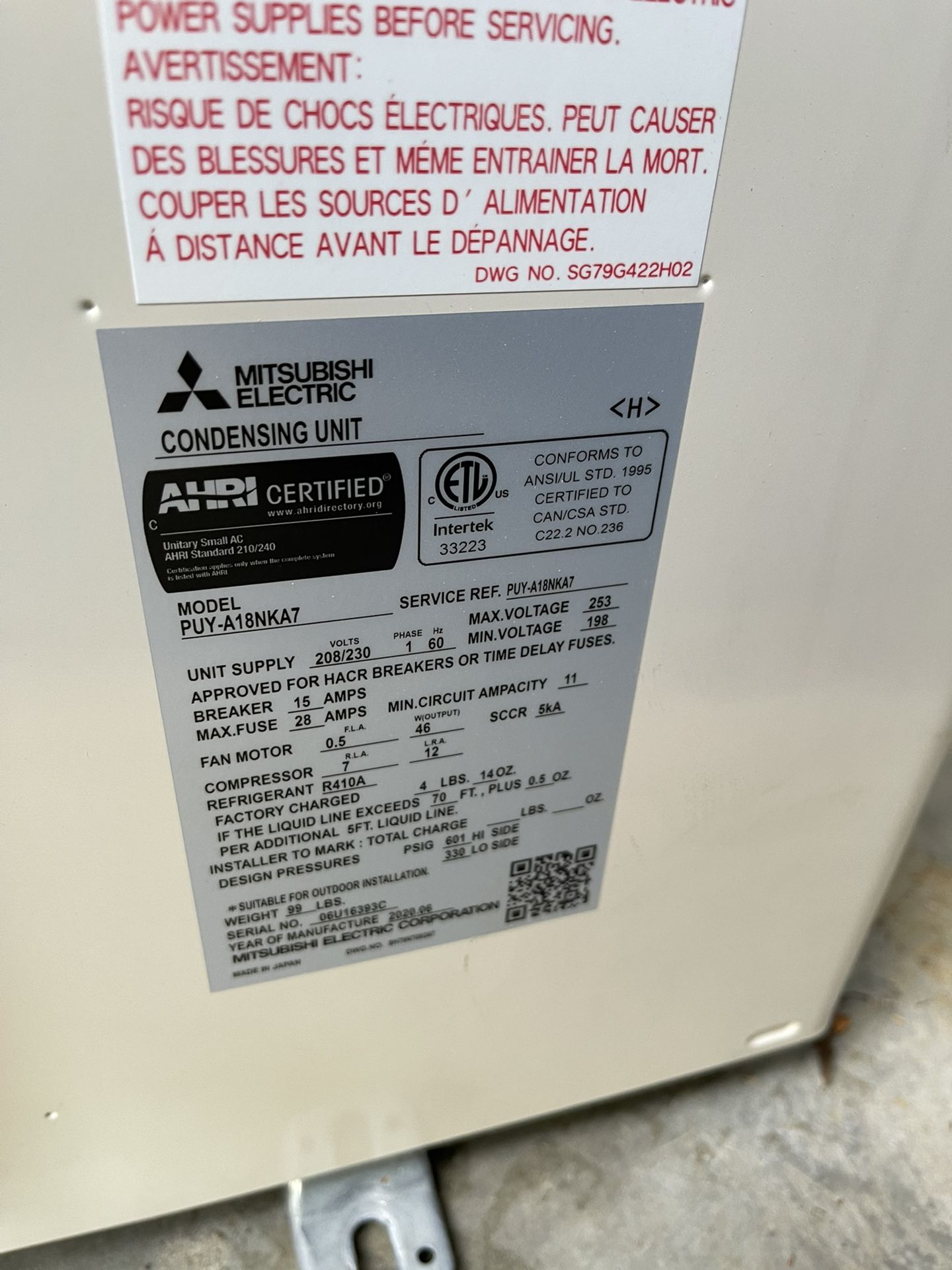Brand New Mitsubisi Ductless Split Condenser 1 1/2 Ton Straight AC