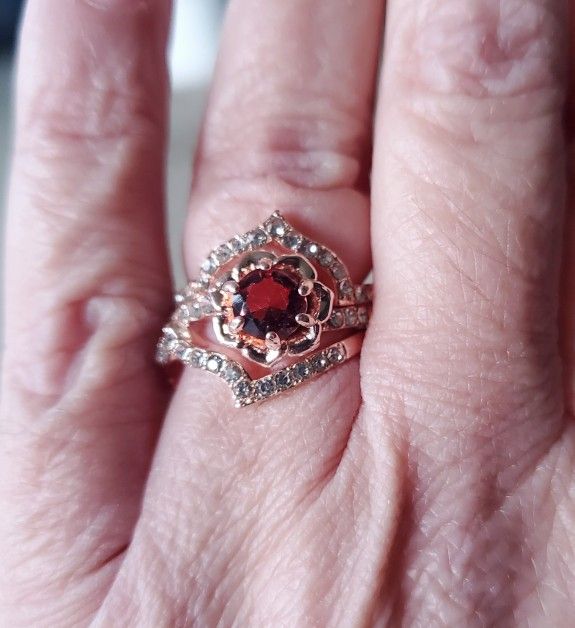 3 Band Natural Ruby Flower Wedding Set.... Sizes 8 and 10