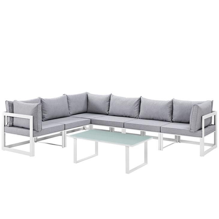 Fortuna 7 Piece Outdoor Patio Sectional Sofa Set, White Gray