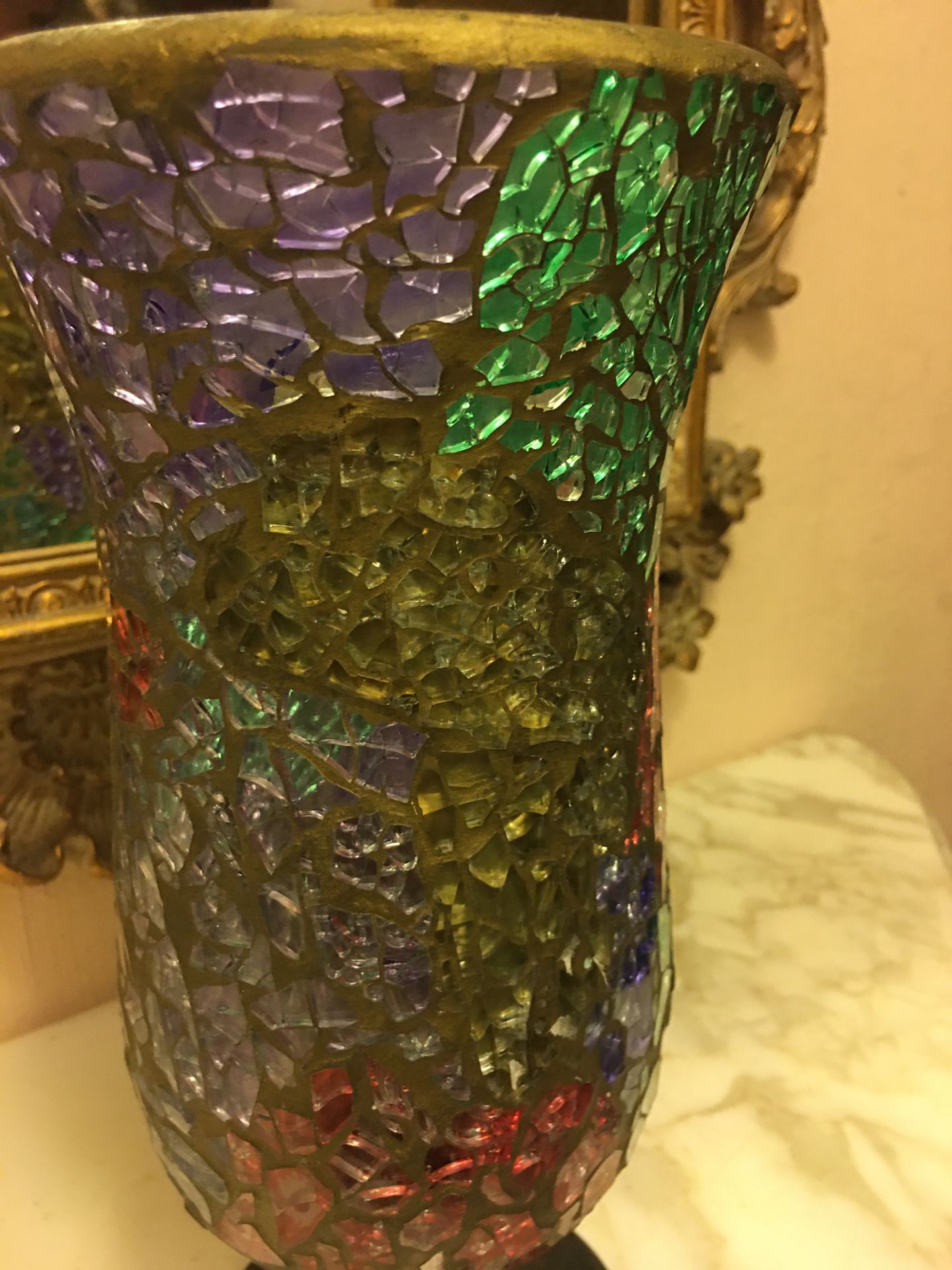 Beautiful vintage stain glass mosaic hurricane on distressed black metal candleholder mint