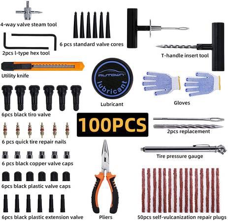 condition: new Tire Repair Kit, 100 Pcs Heavy Duty Tire Plug Kit for Car, Universal Tire Patch kit to Fix Punctures and Plug Flats, tire Repair Plug