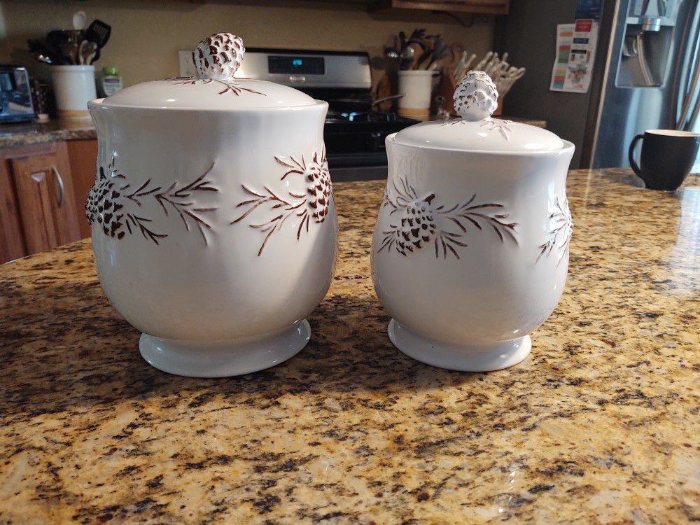Pine Cone Style Canisters. Set Of Two.