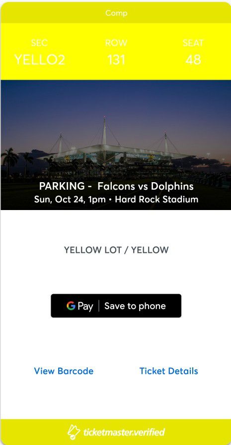 2 Dolphins Tickets w/ Parking Pass For October 24,2021 1:00pm Game VS. Atlanta Falcons