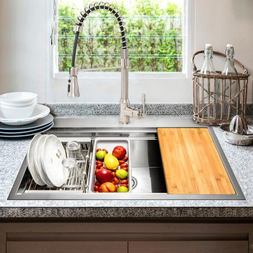 AKDY Handmade All-in-One Topmount Stainless Steel 33 in. x 22 in. Single Bowl Kitchen Sink w/ Spring Neck Faucet, Accessory - #75257-OS