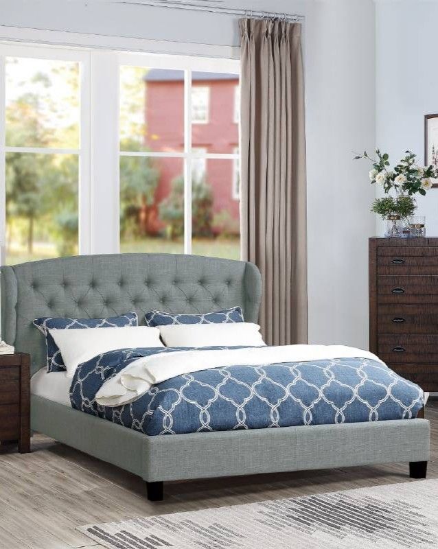 Brand New King Size Grey Linen Upholstered Platform Bed Frame (New In Box)