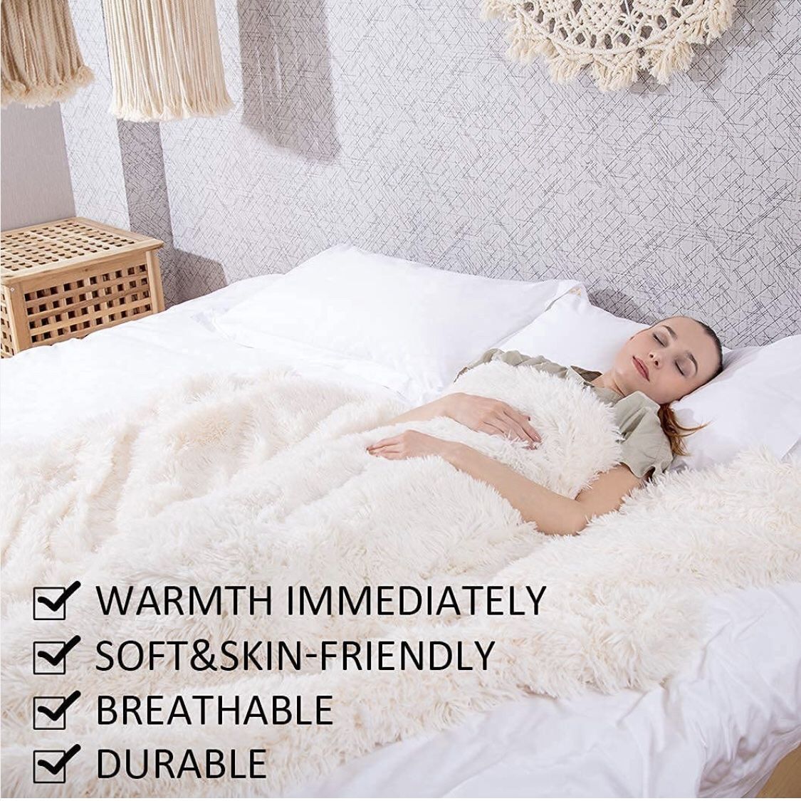 Thick Twin Size Faux Fur Throw Blanket(Cream White,60" x 80"),Whithout Pillows,Winter Lightweight Plush Fuzzy Soft Cozy Microfiber Comfy Bed Blanket f