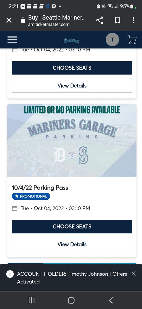 (1) SEATTLE MARINERS PARKING PASS FOR 10/4